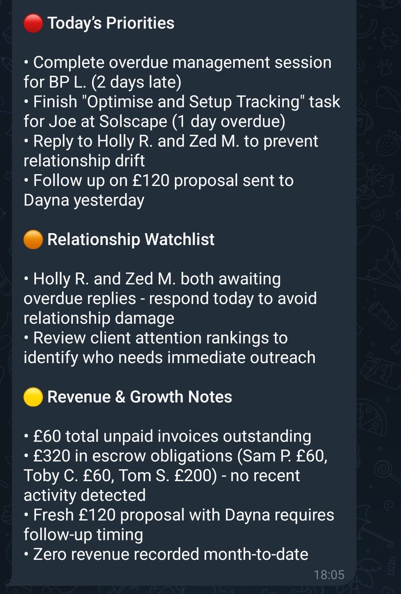 Making excellent progress with the AI executive assistant. 

It sends these daily &amp; I never once had to type a client name or any payment / work detail. It's all ingested as simple, dumb metadata.

x.com/i/status/20135…