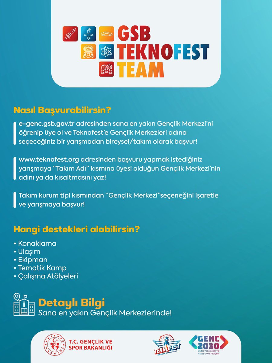 🚀 TEKNOFEST 2026’da Gençlik Merkezleri gençlerin yanında!

Gençlik Merkezlerinde; danışmanlık, atölye/çalışma alanı, malzeme–ekipman, lojistik/ulaşım gibi birçok destekle TEKNOFEST yolculuğunda yanındayız. 💪

Detaylar için sana en yakın Gençlik Merkezini ziyaret etmeyi unutma!