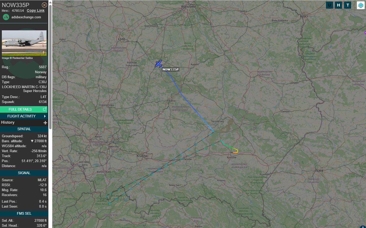 PolishMilRadar's tweet photo. 📅 01.02 🕒 12:14LT - 🇳🇴✈️Norweski Hercules odleciał z Rzeszowa
🇳🇴 Siły Powietrzne Norwegii
✈️ Lockheed Martin C-130J Super Hercules | Reg: "5607"
🛫Rzeszów-Jasionka #EPRZ 🇵🇱
🛬Oslo Gardermoen #ENGM | Norwegia 🇳🇴
#NOW335P na wysokości przelotowej FL270/ 8229 metrów
🔗https://t.co/o1vRzxDepK
#POLMILRADAR