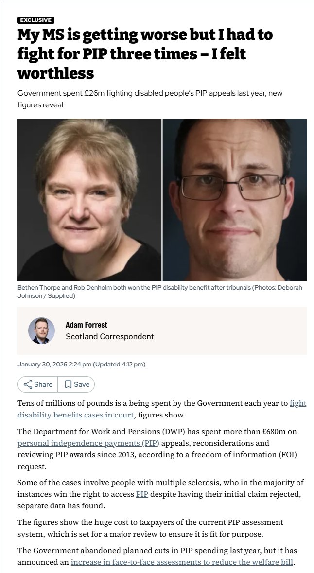 Behind a paywall, but I'm posting a screenshot of the important bit. 

The DWP spends £680 million preventing disabled people from getting the support they need to live on, money that could have been used to help them instead. Does that make any sense?

trib.al/OsvPHSO