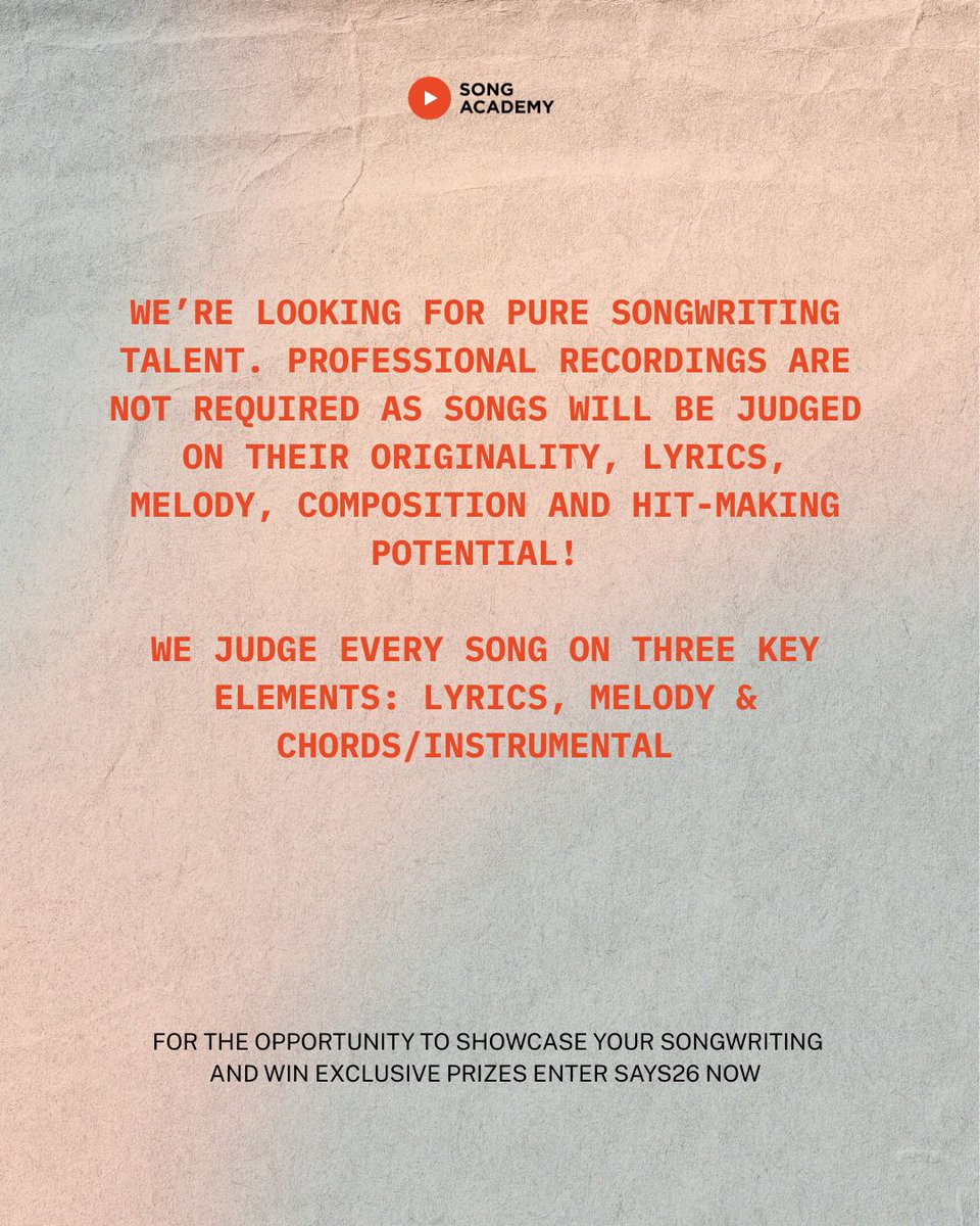 📣 The Young Songwriter Competition 2026 is now open for submissions! 

We've become a recognised launchpad for the next generation of songwriters &amp; artists + entrants get inspired &amp; find like-minded peers.

Find out more about this year's competition at songacademy.co.uk/says26/