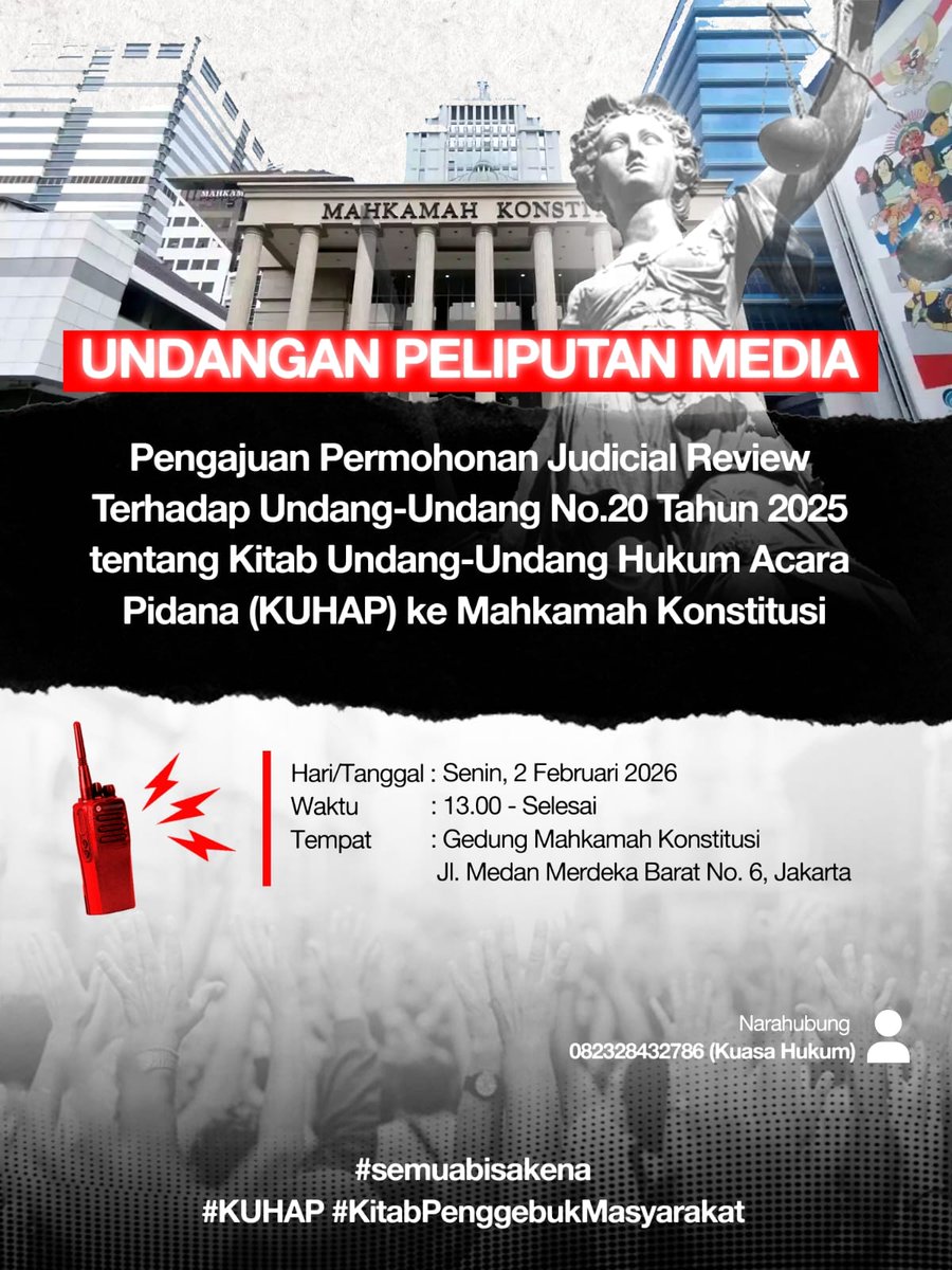 Jadi gaes sebenernya selama beberapa minggu ini, aku dan my temen-temen lagi nyusun Judicial Review KUHAP ke Mahkamah Konstitusi, yang akan diajukan:

🗓️ Senin, 2 Februari 2026
🕐 13:00
📍 Mahkamah Konstitusi

Jika semua oomfs dan media mau datang, BOLEH BANGET YA 🩷

#TolakKUHAP