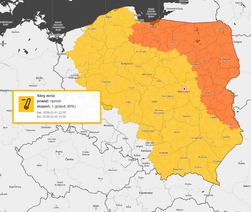 IMGWmeteo's tweet photo. ⚠️UWAGA⚠️
‼️AKTUALIZACJA OSTRZEŻEŃ METEOROLOGICZNYCH #IMGW ‼️
🟡Silny mróz stopień: 1
Uwagi: Powiększenie obszaru występowania ostrzeżenia 
Ważne:
Od: 2026-02-01 22:00
Do: 2026-02-02 10:00

Prognoza pogody i aktualne ostrzeżenia:
https://t.co/16QmSAFVB6
#ostrzeżenia #mróz #zima https://t.co/TDvkJ79HsD