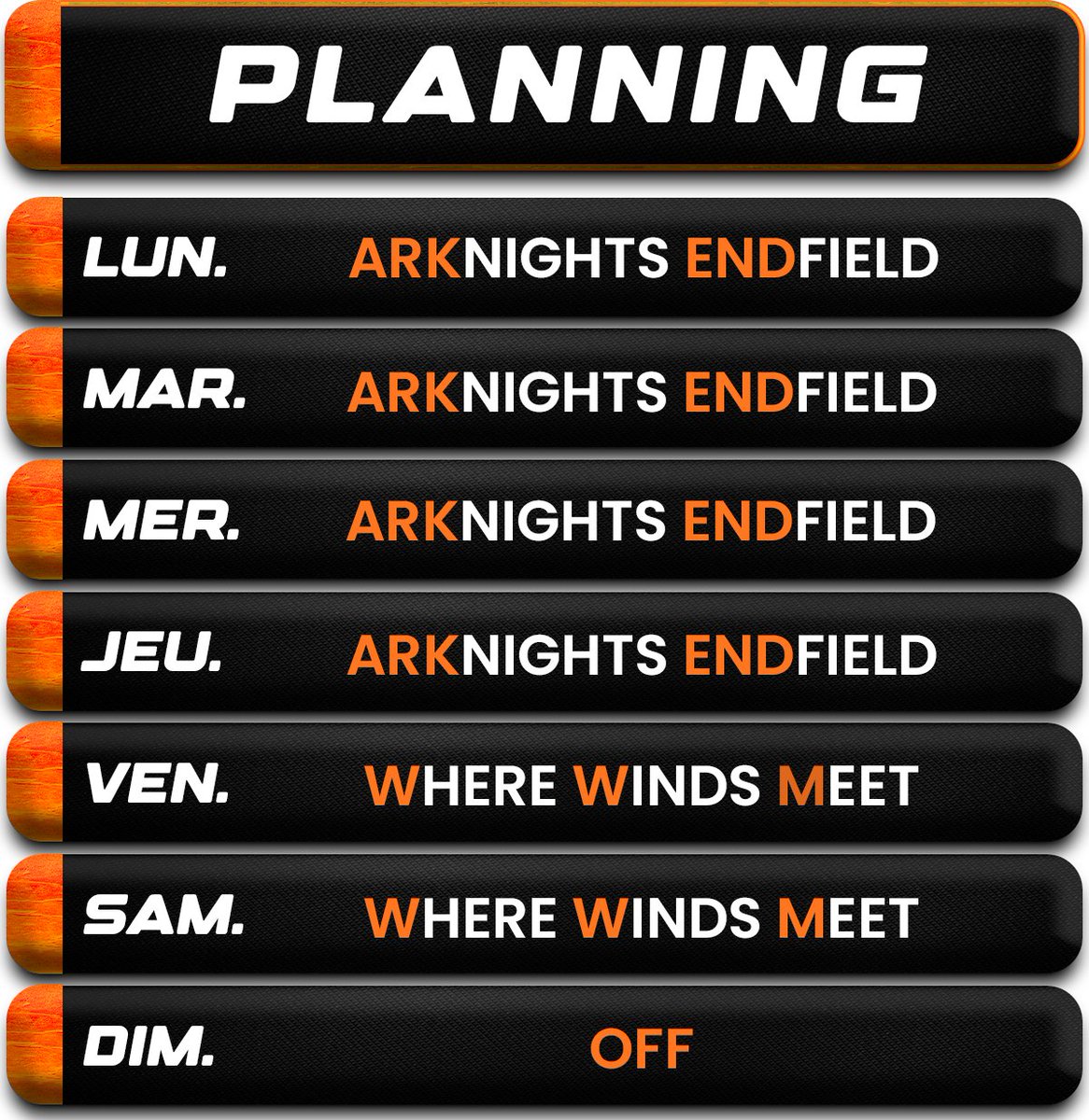 snowmonkey31's tweet photo. 🗓️ NOUVEAU PLANNING  

🔥 Lun → Jeu : Arknights: Endfield
🌪️ Ven &amp; Sam : Where Winds Meet / S.2
🌑 Dimanche : OFF

Même heure, même énergie, nouveaux défis.
On build, on explore, on avance ensemble.

#TwitchFR #Streaming #Planning #ArknightsEndfield #WhereWindsMeet https://t.co/BapLZQlxvr