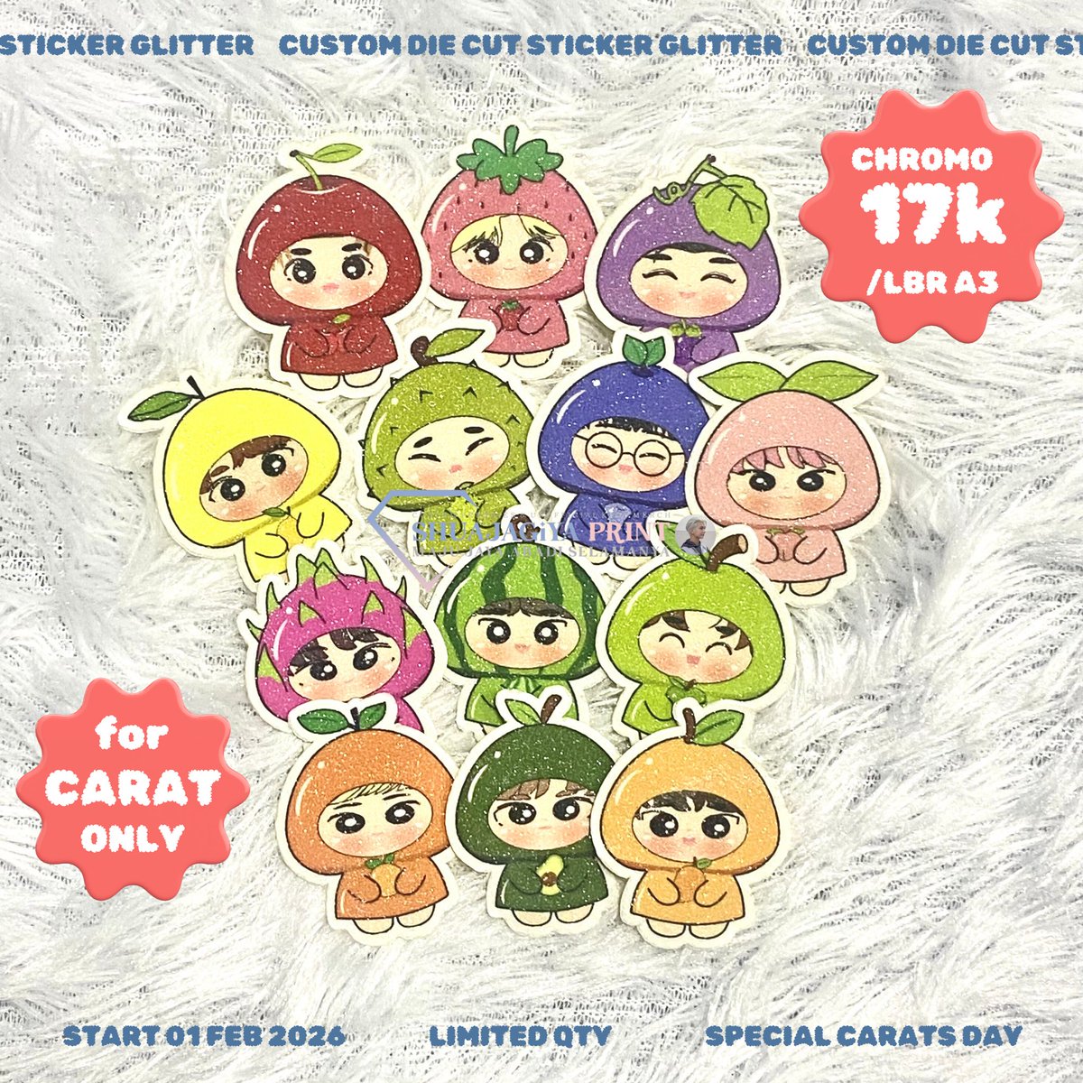 IT’S CARAT MONTH✨

temen temen carat yg mau cetak sticker chromo laminasi glitter aku kasih potongan harga per hari ini jadi Rp 17.000 / Lbr A3💥
• Carat only
• Limited qty
• file wajib aab svt

Terima kasih support nya temen temen🥰
(Ps : Blm trmsk adm co sopi spti biasa)