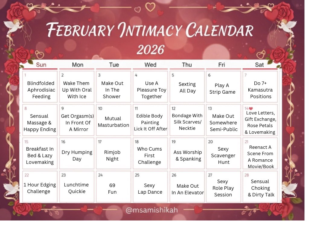 THE FEBRUARY 2026
INTIMACY CALENDAR 

Happy new month guys! Follow this calendar to keep the spark alive all month long! Which of them are you excited about? Share it with your partner(s)!! 💃🏾💃🏾💃🏾