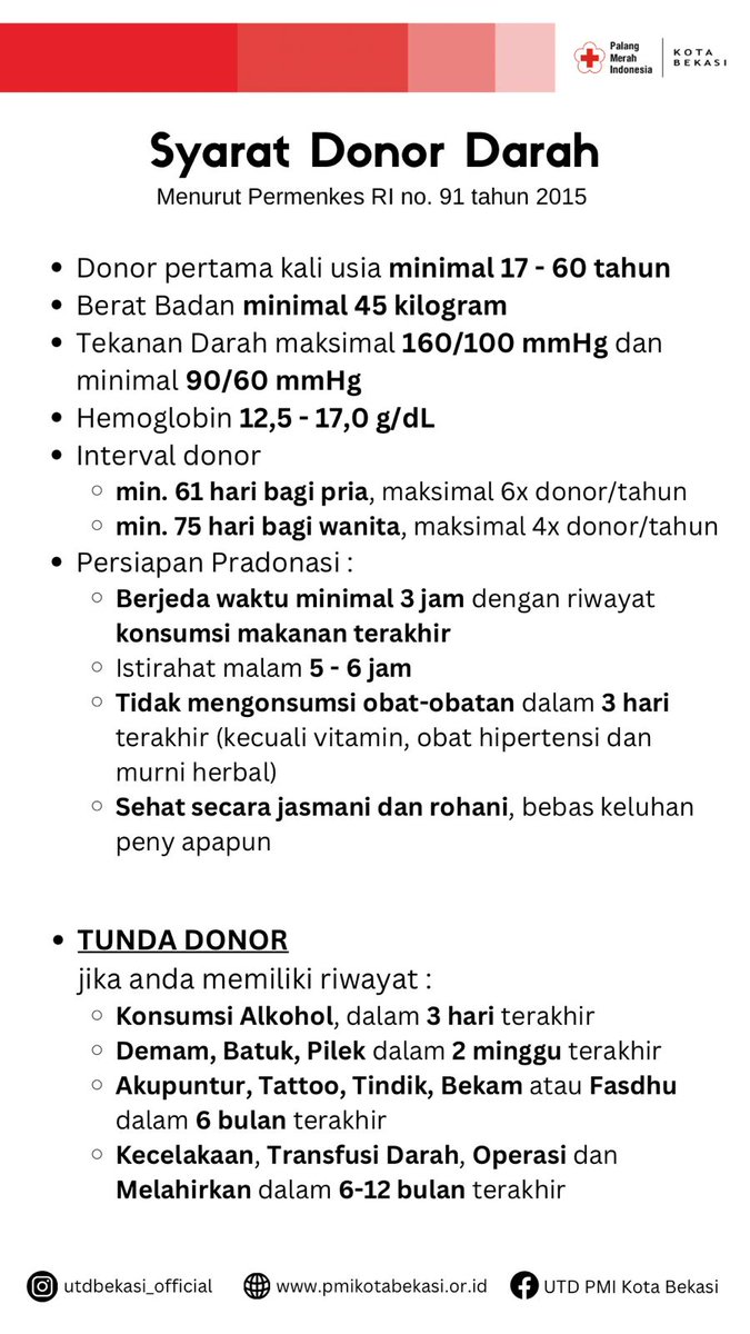 Halo Sobat PMI!
Berikut syarat donor darah di PMI Kota Bekasi ya 🔥
<a href="/palangmerah/">Indonesian Red Cross</a>