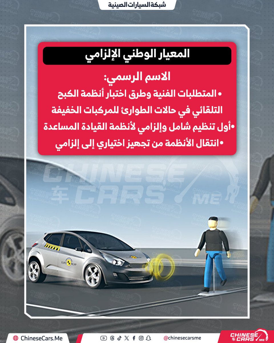 ChineseCarsME's tweet photo. 🚨 قرار صيني تاريخي في سلامة الطرق

• 🇨🇳 إلزام جميع المركبات الخفيفة بنظام الكبح التلقائي AEB
• 📅 التطبيق الرسمي يبدأ من 2028
• 🚗 يشمل سيارات الركاب + البيك أب + المركبات التجارية الخفيفة
• 🚶‍♂️🚴‍♀️ حماية أعلى للمشاة ومستخدمي الدراجات داخل المدن
• ⚠️ النظام يتدخل تلقائيًا عند خطر الاصطدام بسرعات 20–60 كم/س
• 🔒 انتقال السلامة المتقدمة من «ميزة» إلى تجهيز أساسي
• 🌍 قرار قد يغيّر معايير السلامة عالميًا

#شبكة_السيارات_الصينية
#سلامة_مرورية
#AEB
#تقنيات_السلامة
#السيارات_الصينية
#قيادة_ذكية
#أخبار_السيارات