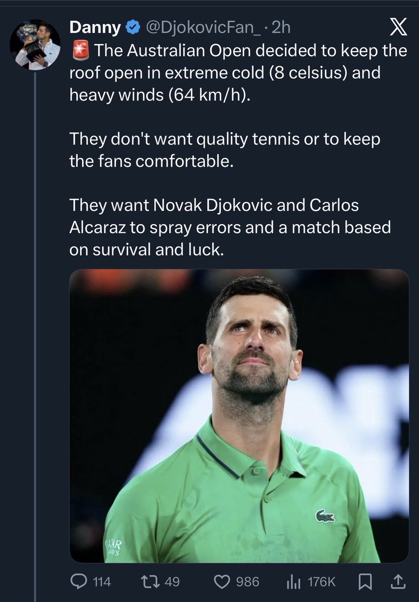 Absolute tier one trolling from the Djokovic fans tonight. 

Well played. 👏👏👏

(Current temp 15C. Wind at 22km/h)