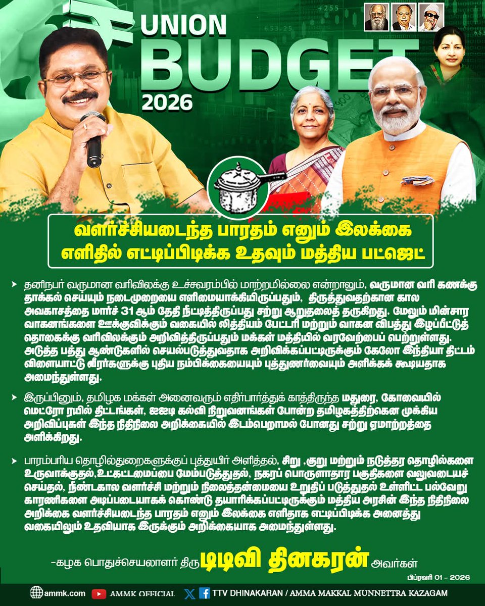 ChannelMksp's tweet photo. வளர்ச்சியடைந்த பாரதம் எனும் இலக்கை எளிதில் எட்டிப்பிடிக்க உதவும் மத்திய பட்ஜெட்!
#AMMK #TTVDhinakaran https://t.co/q6isVWHO4D