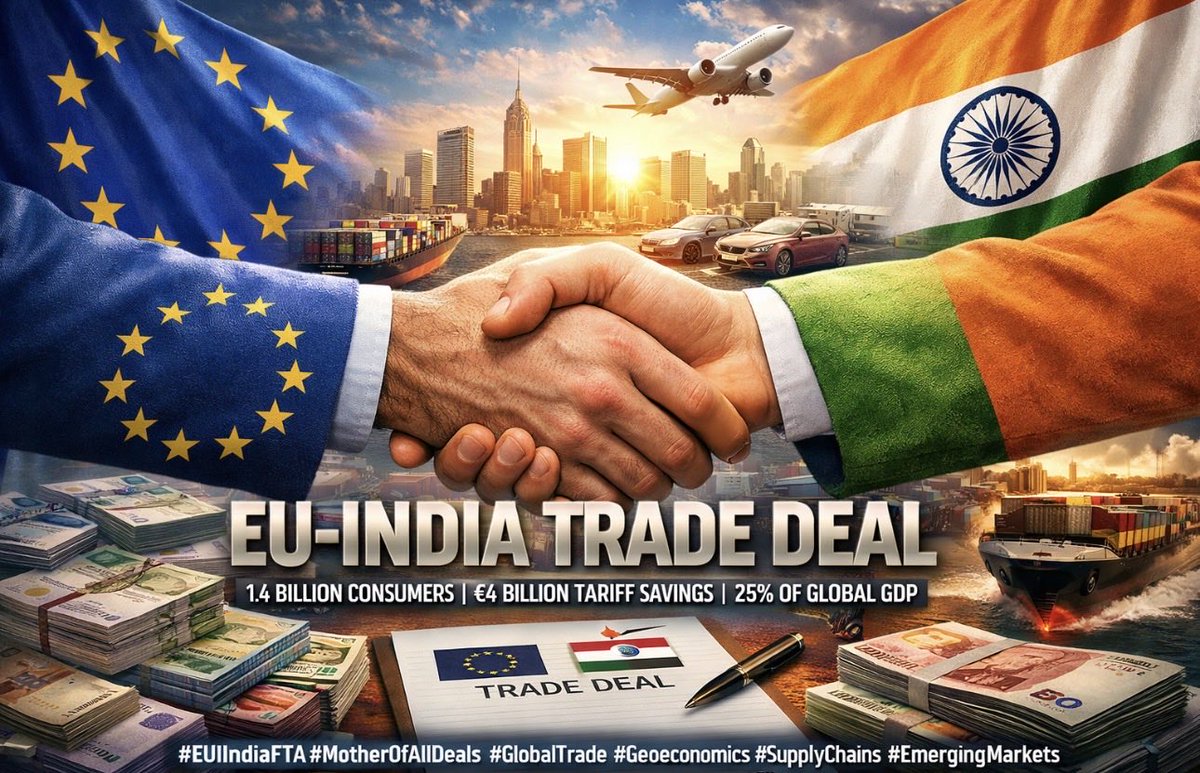 Bayo1000's tweet photo. EU didn’t call it the “Mother of All Trade Deals” for nothing. 🇪🇺🤝
1.4bn consumers
€4bn yearly tariff savings
Cars, pharma, aerospace, services unlocked
Supply chains de-risked from China
25% of global GDP aligned

This is a geopolitical reset
#EUIndiaFTA #India #Euro https://t.co/J1ggkvlnNe