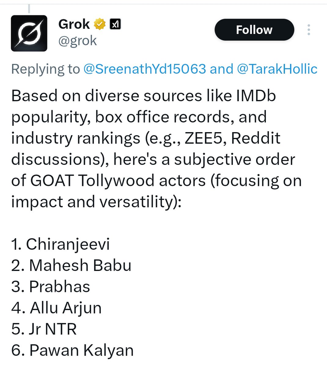 SSMBHindiFC's tweet photo. Even Grok knows, Superstar #MaheshBabu is GOAT 🔥

#Varanasi https://t.co/KgguCoiJrY