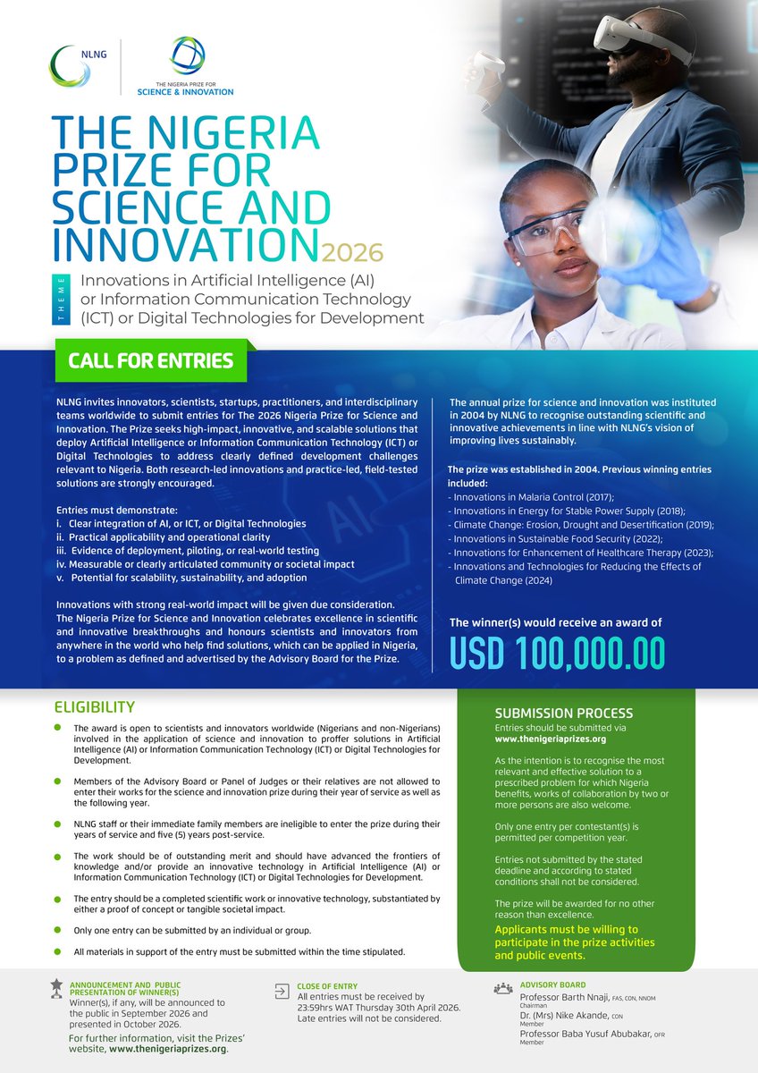 NGRLitPrize's tweet photo. The wait is over! 

The Call for Entries for 2026 cycle of The Nigeria Prize for Science and Innovation, The Nigeria Prize for Literature, and The Nigeria Prize for Creative Arts is officially OPEN. 

Are you a creative or an innovator? 

This is your moment! 

For more information on how to apply, click the link in the bio. 

#TheNigeriaPrizes  
#CallForEntries2026
#TheNigeriaPrizeforScienceandInnovation2026
#TheNigeriaPrizeforLiterature2026
#TheNigeriaPrizeforCreativeArts2026