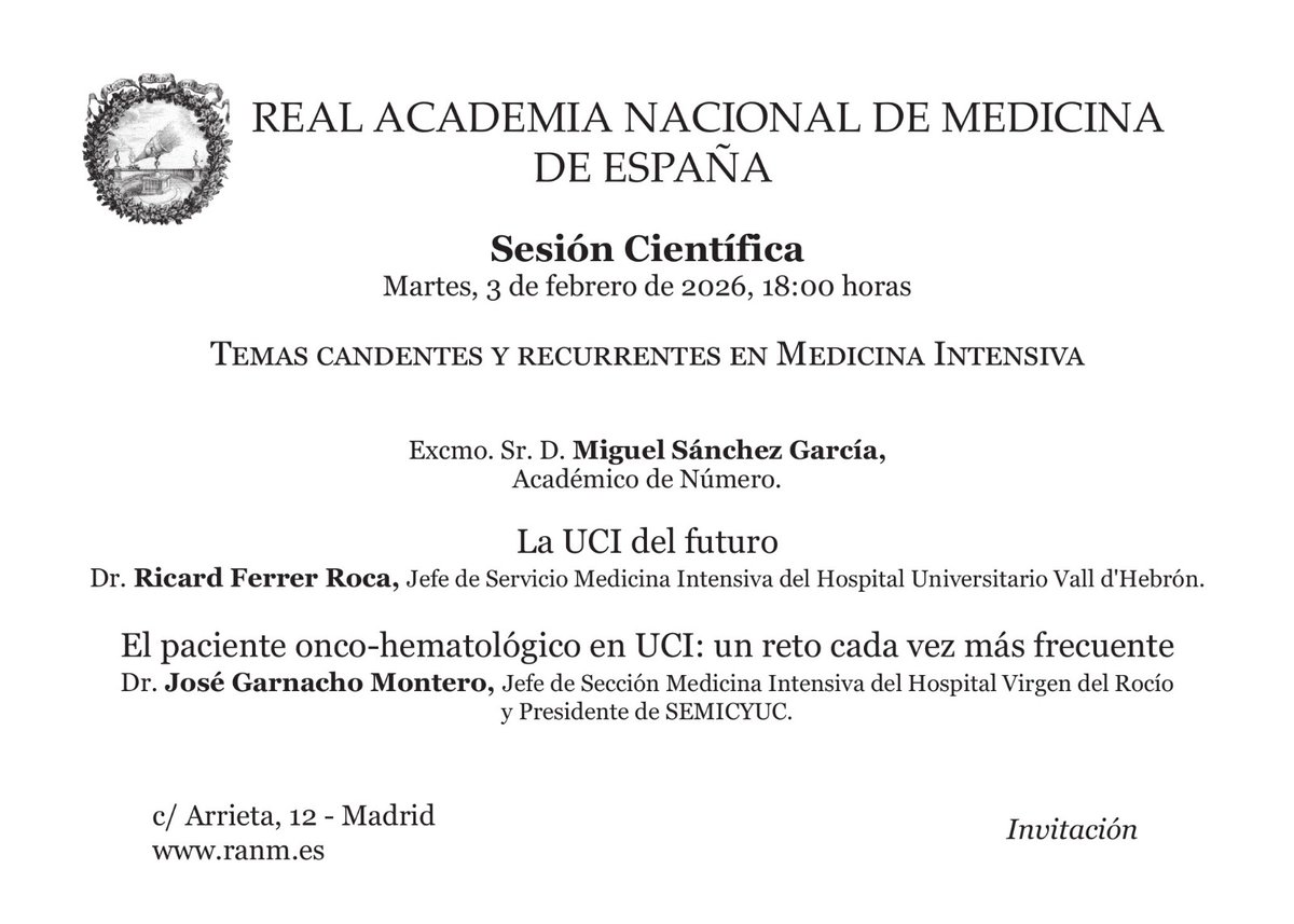 GarnachoJose's tweet image. Os esperamos el próximo martes 3 de febrero en la Real Academia Nacional de Medicina para hablar del presente y futuro de las #UCI. Especial invitación a socios de @semicyuc y @seeiucoficial.
