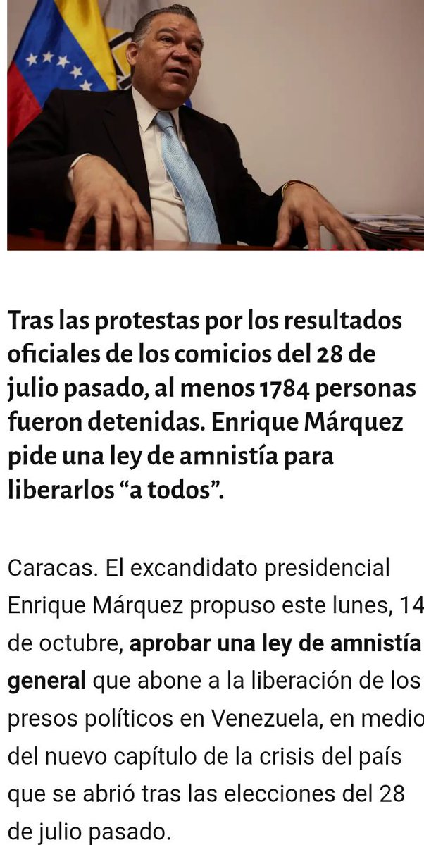 Una de la principales exigencia del excandidato presidencial Enrique Márquez era era está una ley de amnistía para todos los presos políticos con la búsqueda de solución del grave problema de los resultados de la elecciones presidenciales del 28J del 2024.