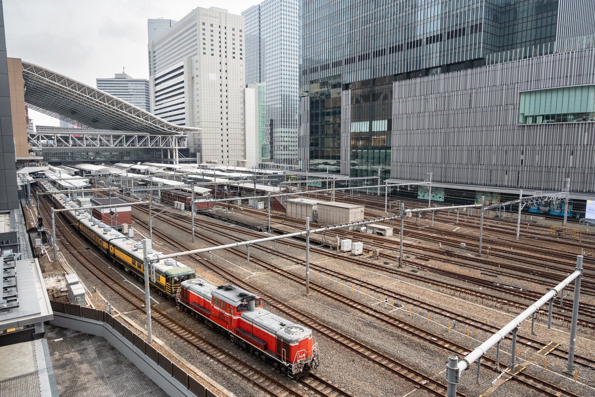 西日本随一の巨大ターミナル・大阪駅のビル群を、JR西が誇る”大サロ”フル編成が凸PPの姿で駆け抜ける、非常に貴重な光景だった。

2025.02.16

回9948
DD51 1191[宮] + 14系改｢サロンカーなにわ｣7B + DD51 1183[宮]