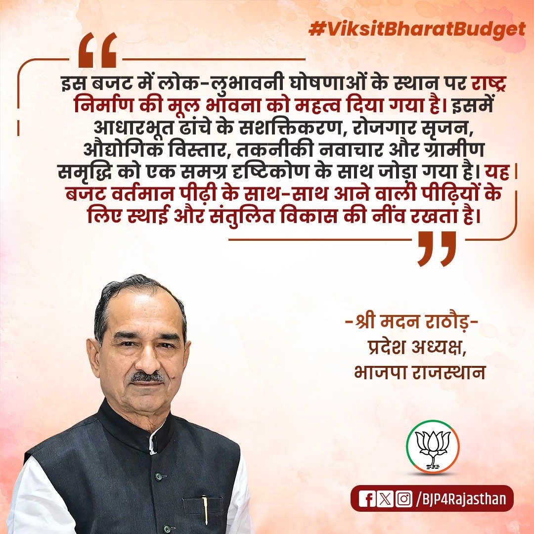BJP4Rajasthan's tweet photo. इस बजट में लोक-लुभावनी घोषणाओं के स्थान पर राष्ट्र निर्माण की मूल भावना को महत्व दिया गया है। इसमें आधारभूत ढांचे के सशक्तिकरण, रोजगार सृजन, औद्योगिक विस्तार, तकनीकी नवाचार और ग्रामीण समृद्धि को एक समग्र दृष्टिकोण के साथ जोड़ा गया है। यह बजट वर्तमान पीढ़ी के साथ-साथ आने वाली पीढ़ियों के लिए स्थाई और संतुलित विकास की नींव रखता है।

-श्री @madanrrathore 
 प्रदेश अध्यक्ष, भाजपा राजस्थान

#ViksitBharatBudget