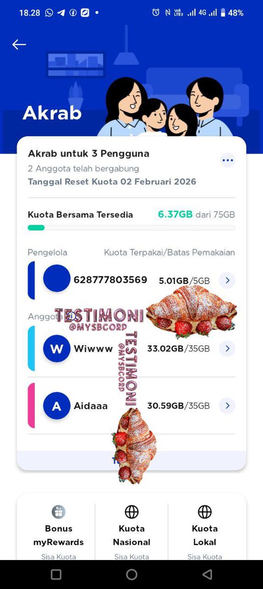 mysbcorp's tweet photo. WTS XL AKRAB L 75 GB HARGA 60K (aktif besok malam, 02 Feb 2026 jam 00.00)

📍1 SLOT AJA YA CINTAH
✨ kuota bersama 35gb
✨ kuota rewards 6gb
✨ kuota nasional &amp; lokal menyesuaikan area (aku area 2 dpt 10 gb total)

tags. kuota xl axis 
#zonaba #zonajajan #zonauang #zonabu https://t.co/EiaudhBEEZ