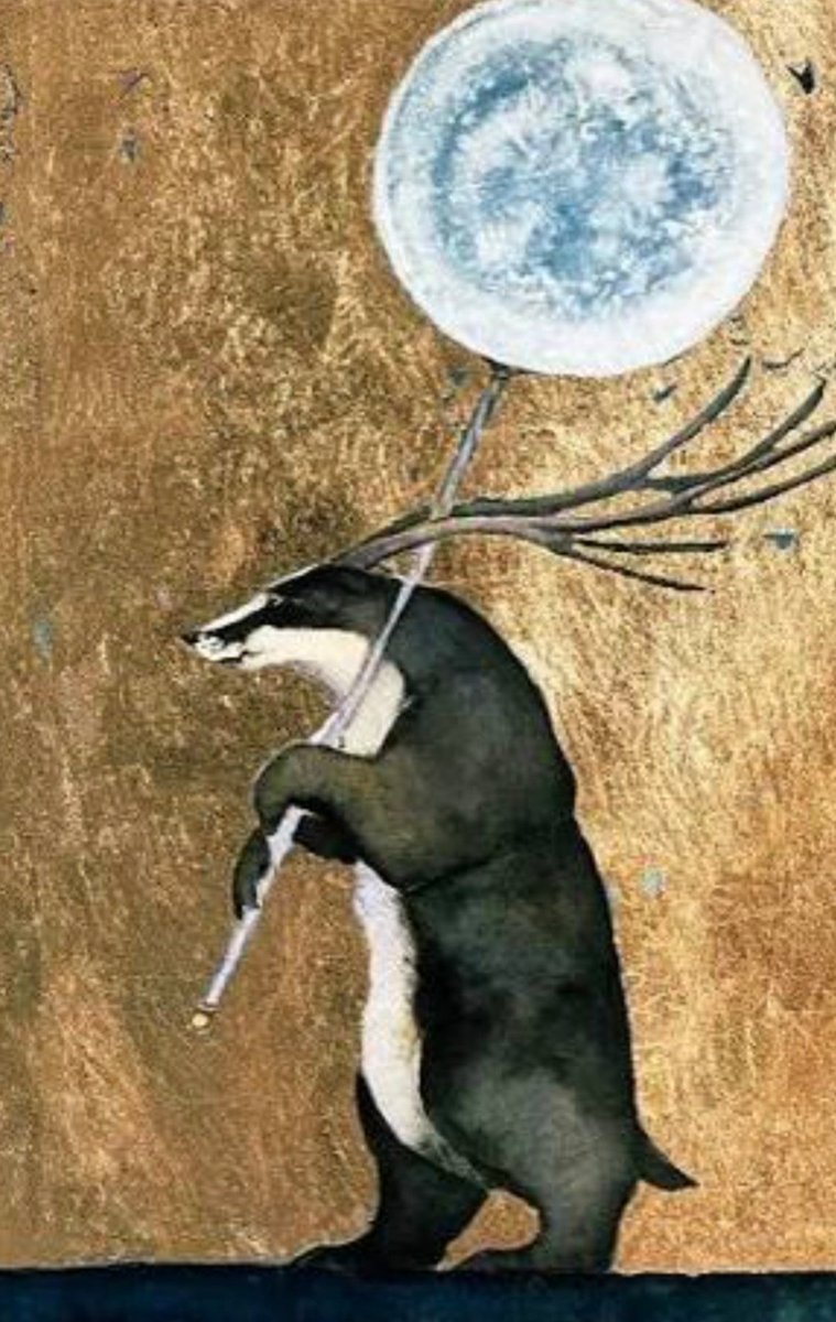 womensart1's tweet photo. 'Badger Holds the Moon Aloft' by contemporary  artist Jackie Morris #Fullmoom #SnowMoon #February https://t.co/ZT2O6RYBio