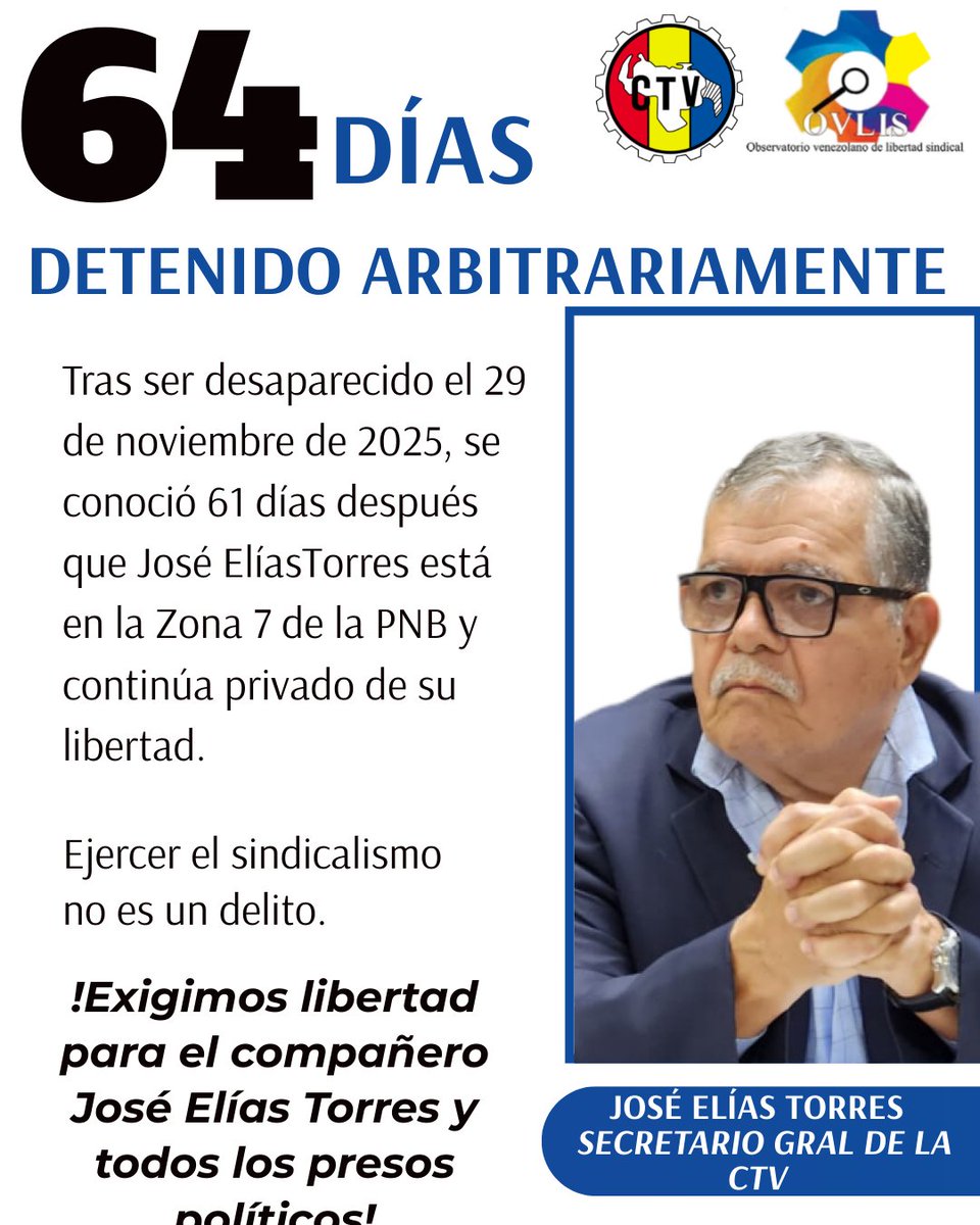 José Elías Torres no solo es la memoria viva de la lucha obrera en Venezuela. Un hombre que ha pasado años buscando el bienestar de otros, hoy se encuentra privado de lo más sagrado: su libertad.

¡Exigimos la libertad del compañero José Elías Torres!

#Venezuela