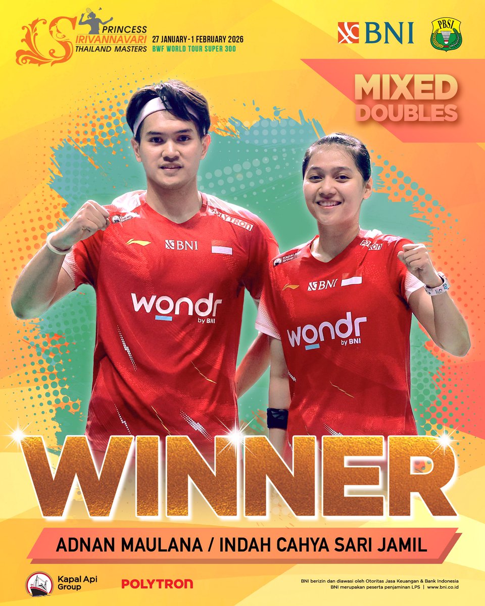 INABadminton's tweet photo. 4 gelar juara dan 2 runner up berhasil diboyong Merah-Putih dari Thailand Masters 2026.

Terima kasih Moh. Zaki Ubaidillah, Adnan Maulana/Indah Cahya Sari Jamil, Leo Rolly Carnando/Bagas Maulana, Amallia Cahaya Pratiwi/Siti Fadia Silva Ramadhanti, Raymond Indra/Nikolaus Joaquin, Bobby Setiabudi/Melati Daeva Oktavianti. 🇮🇩🏅✨

#BadmintonIndonesia #ThailandMasters2026