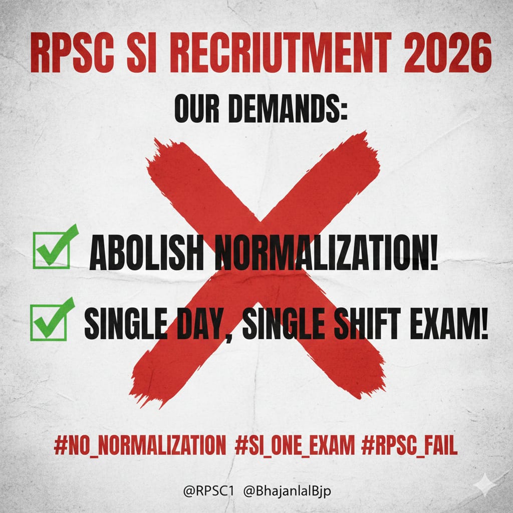 Normalisation का खेल बंद करो...
एक दिन, एक शिफ्ट में EXAM करो ।

<a href="/BhajanlalBjp/">Bhajanlal Sharma</a> #rpsc
#NO_NORMALISATION 
#RPSC_SI_भर्ती_एक_चरण_कराओ