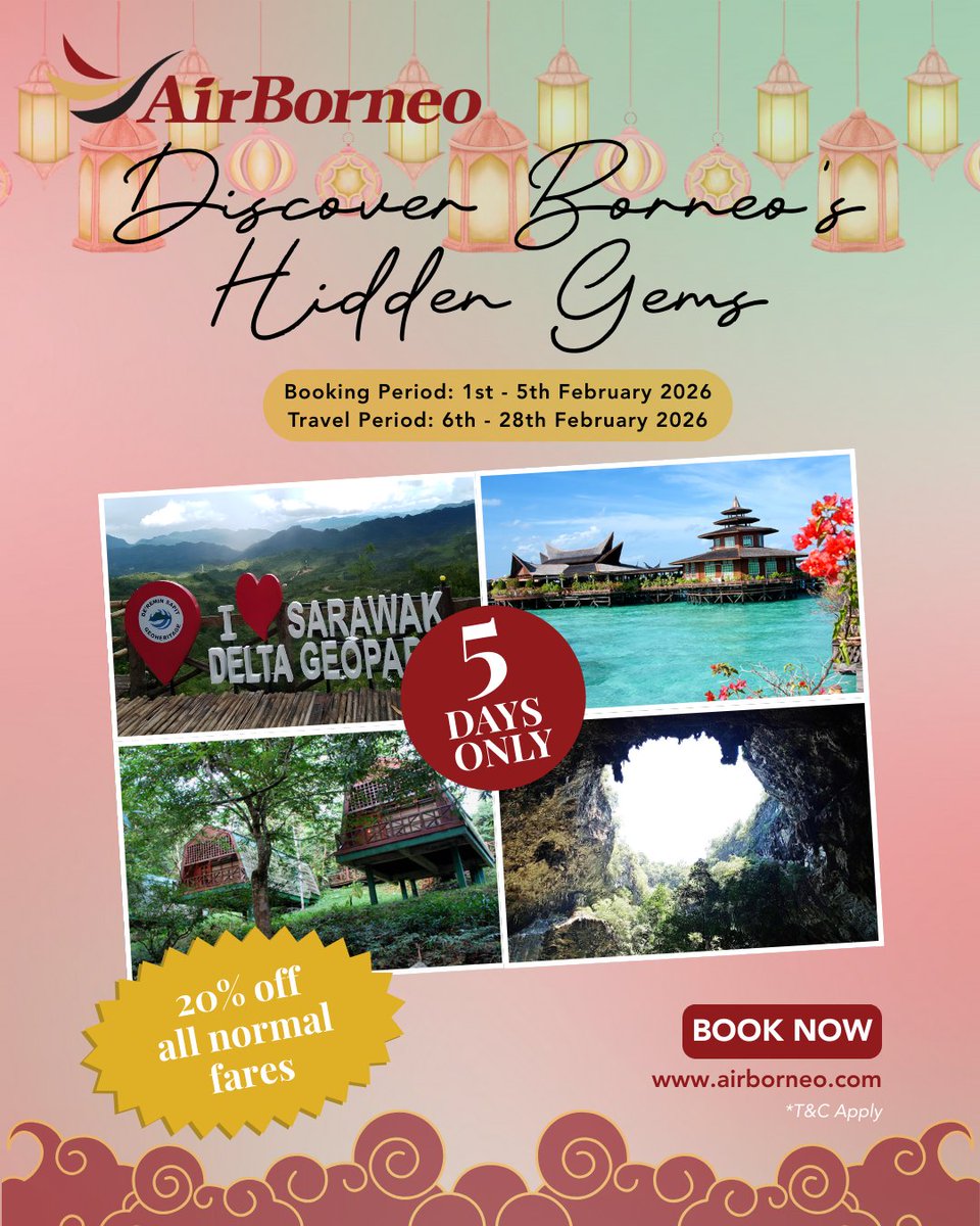 Adventure is calling from the heart of the jungle. 

Discover Borneo’s hidden gems with 20% OFF all normal fares. 

5 days to book, a lifetime of memories.

Book now: airborneo.com 

#AirBorneo #WingsOfUnity #BorneoForYou #TravelBorneo #PrideofBorneo #GatewayToBorneo