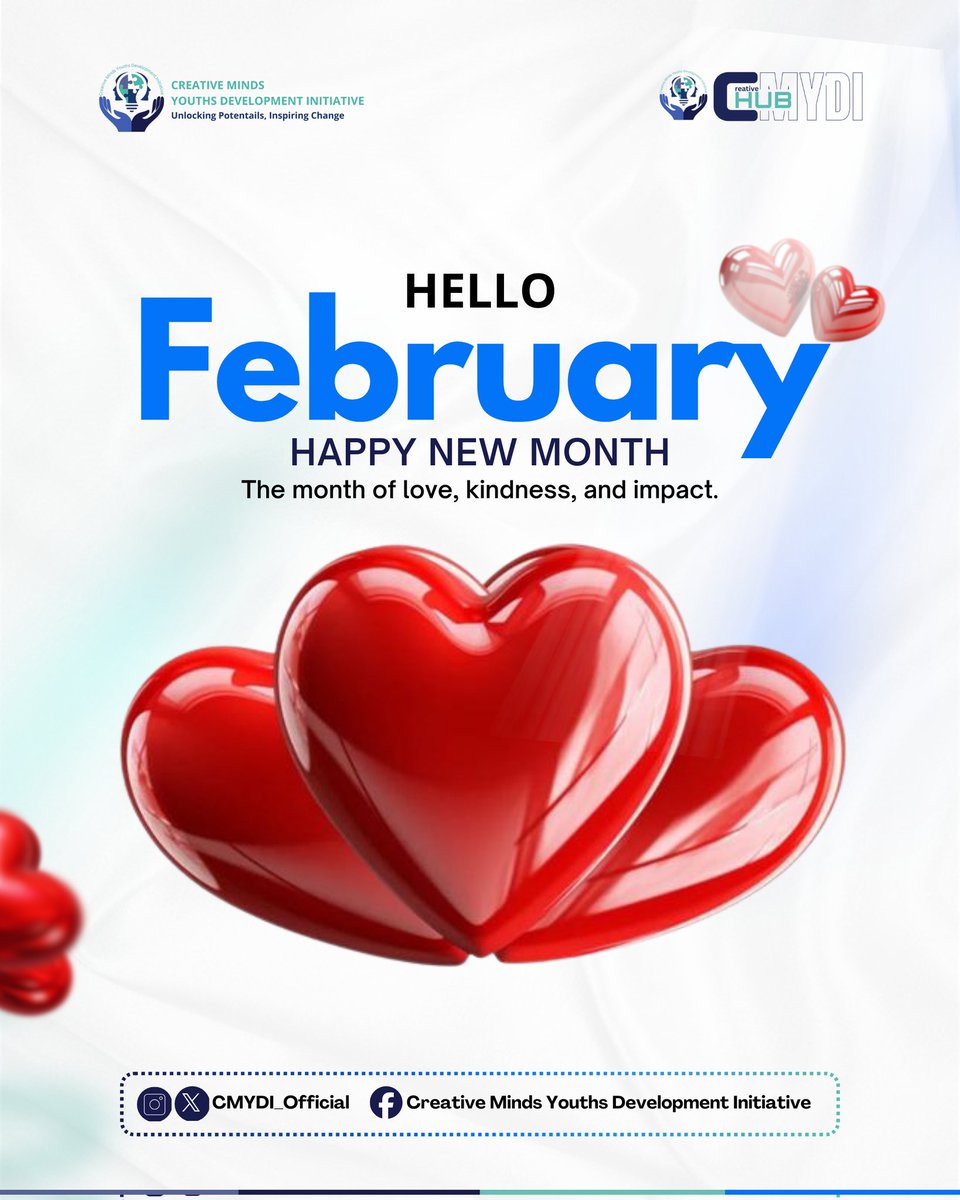CMYDI_Official's tweet photo. Hello February
A new month to love deeply, show kindness freely, and create lasting impact, one heart, one act, one young mind at a time.
Happy New Month from all of us at CMYDI.
#CMYDI #MonthOfLove
#UnlockingPotentials #InspiringChange https://t.co/OWHdcJMMwX