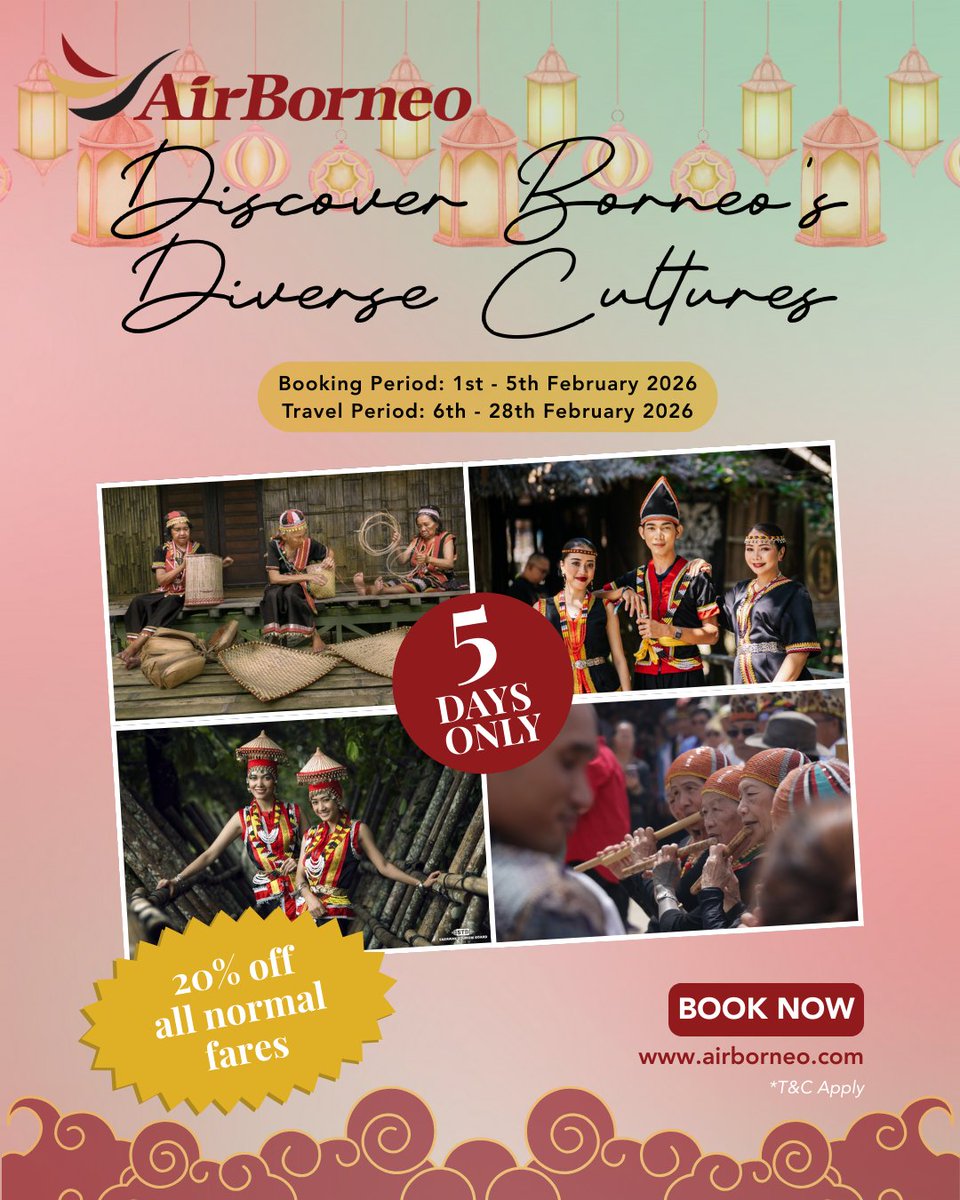 Experience the colours and rhythms of Borneo. Traditional heritage meets modern travel with 20% OFF all normal fares.

Book the soul of your next trip! 

Book now: airborneo.com 

#AirBorneo #WingsOfUnity #BorneoForYou #TravelBorneo #PrideofBorneo #GatewayToBorneo