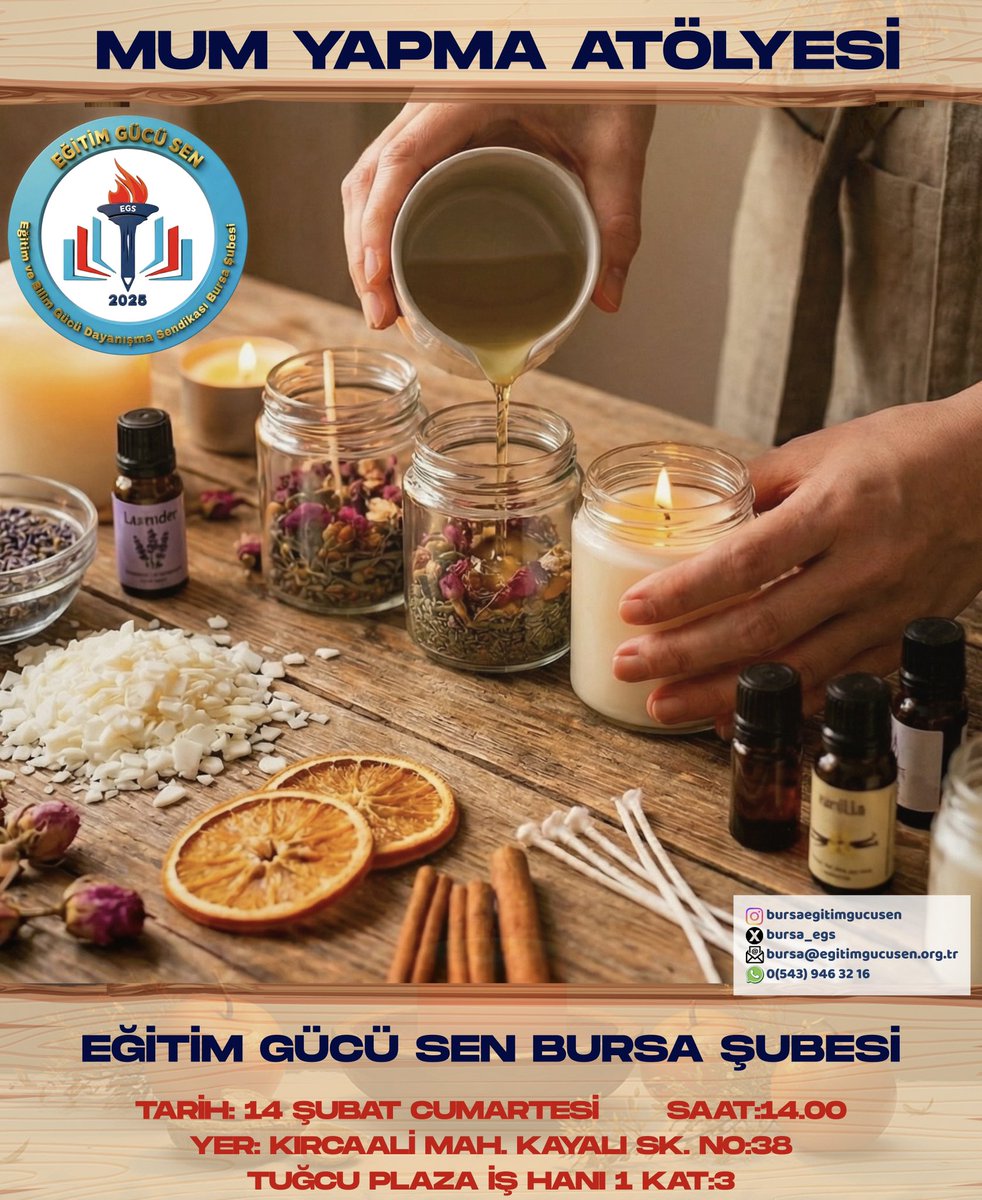 🕯️ Kendi Işığınızı Tasarlayın: Mum Yapma Atölyesi

Eğitim Gücü Sen Bursa Şubesi olarak, keyifli ve yaratıcı bir molaya davetlisiniz! Kendi ellerinizle hazırlayacağınız, mis kokulu mumlarla hem öğrenip hem de eğleneceğimiz bu özel atölyede buluşalım.