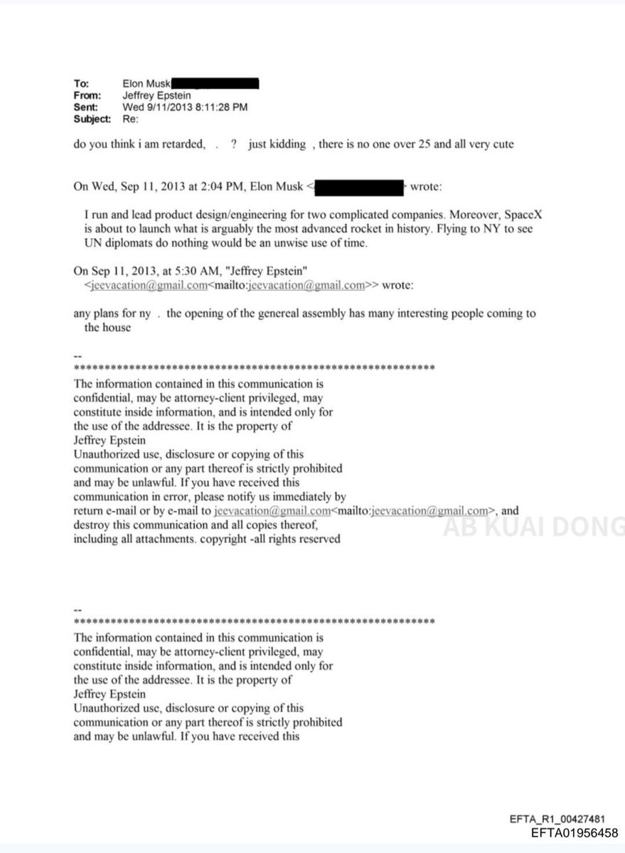 _FORAB's tweet photo. 随着爱泼斯坦案最后文件的公布，有不少网友发现，马斯克曾经也给爱泼斯坦写信，咨询上岛游玩的事宜。

但马斯克天真的以为，这是联合国外交官们的聚会，然后爱泼斯坦不耐烦的给马斯克回复：你觉得我是傻批吗？

这只是对外说是外交官们的聚会，但实际上是有 25 岁年轻女性参加的那种派对（懂得都懂。

结果马斯克表示，在知道这个情况后，立刻没有了兴趣，选择继续造火箭和汽车去了。