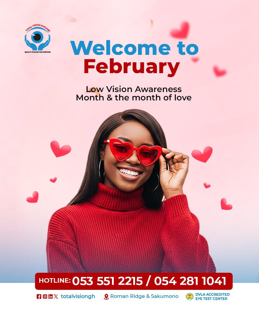 totalvision_gh's tweet photo. This month is all about love and vision. Low Vision Awareness Month reminds us how important healthy sight is to everyday life. Let’s take better care of our eyes and the people we love.

#LowVisionAwareness #TotalVisionCare #EyeHealthMatters https://t.co/EivGxK9swQ