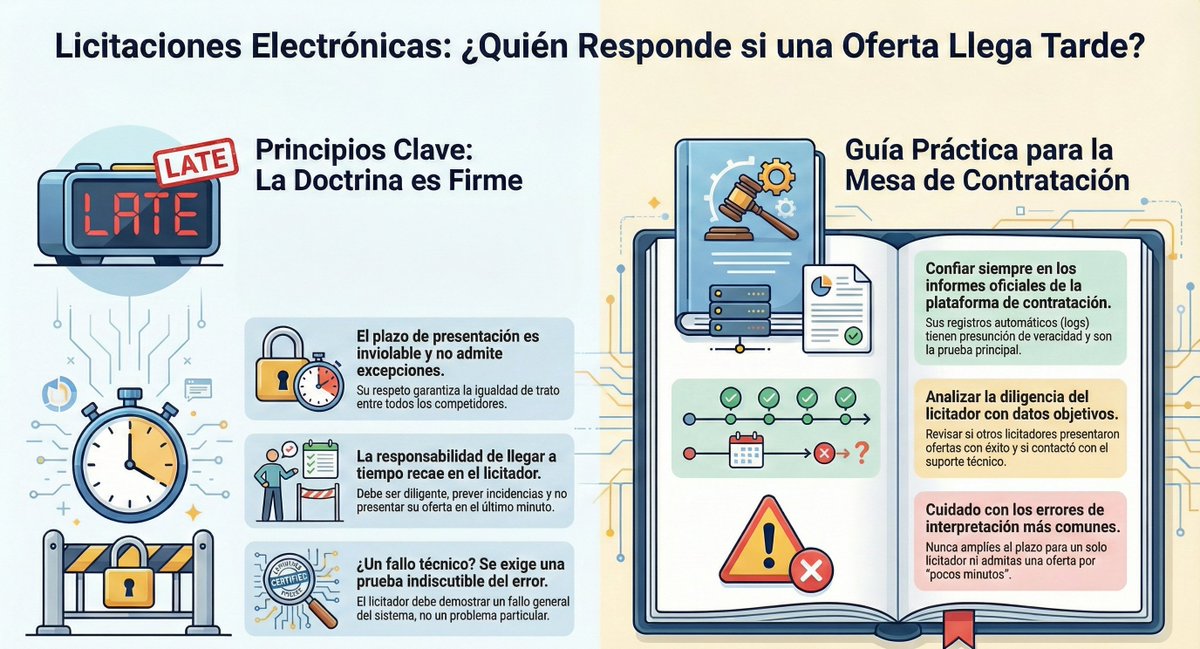 ⌛ Plicas fuera de plazo: doctrina clara del TACRC

La Resolución TACRC 748/2025 confirma un criterio ya consolidado: el plazo de presentación es esencial e improrrogable. Una oferta presentada fuera de plazo —aunque sea por minutos— debe ser excluida, porque su admisión vulnera