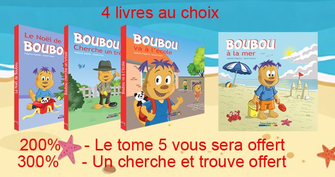 Pour 10€ vous recevrez un livre au choix (frais d'envoi compris)
Si nous atteignons les 200% vous recevrez le tome 5
Si nous atteignons les 300 % vus recevrez un livre cherche et trouve avec Boubou ( livre tout carton de 24 x28 cm )
fr.ulule.com/les-aventures-…