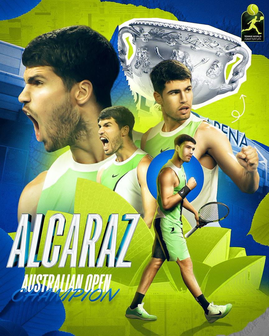 Tennis_World20's tweet photo. اووووووووووووووه الكاراز يكتب التاااااريخ 

بطل العالم كارلوس الكاراز يدخل التاريخ من اوسع ابوابه و يتمكن من تحقيق لقب بطولة استراليا المفتوحة للمرة الأولى ليكمل بذلك القاب الجراند سلام بعد تفوقه على الصربي نوفاك جوكوفيتش بثلاث مجموعات لمجموعة 6-2 2-6 3-6 5-7. https://t.co/p4SJvi9X5X