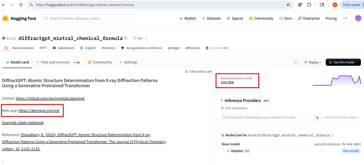 dr_k_choudhary's tweet photo. π Materials-specific #LLM at mainstream scale
π #DiffractGPT hit ~125K downloads in 1 month
vs.#DeepSeek-V3 ~200K on @huggingface
π₯ Web app:
π https://t.co/Hcunb07WcI
β¨ Think AlphaFold for materials science
π₯ ~3K users today, letβs reach 10K by 2026
π Login required https://t.co/moHotgWQ2X