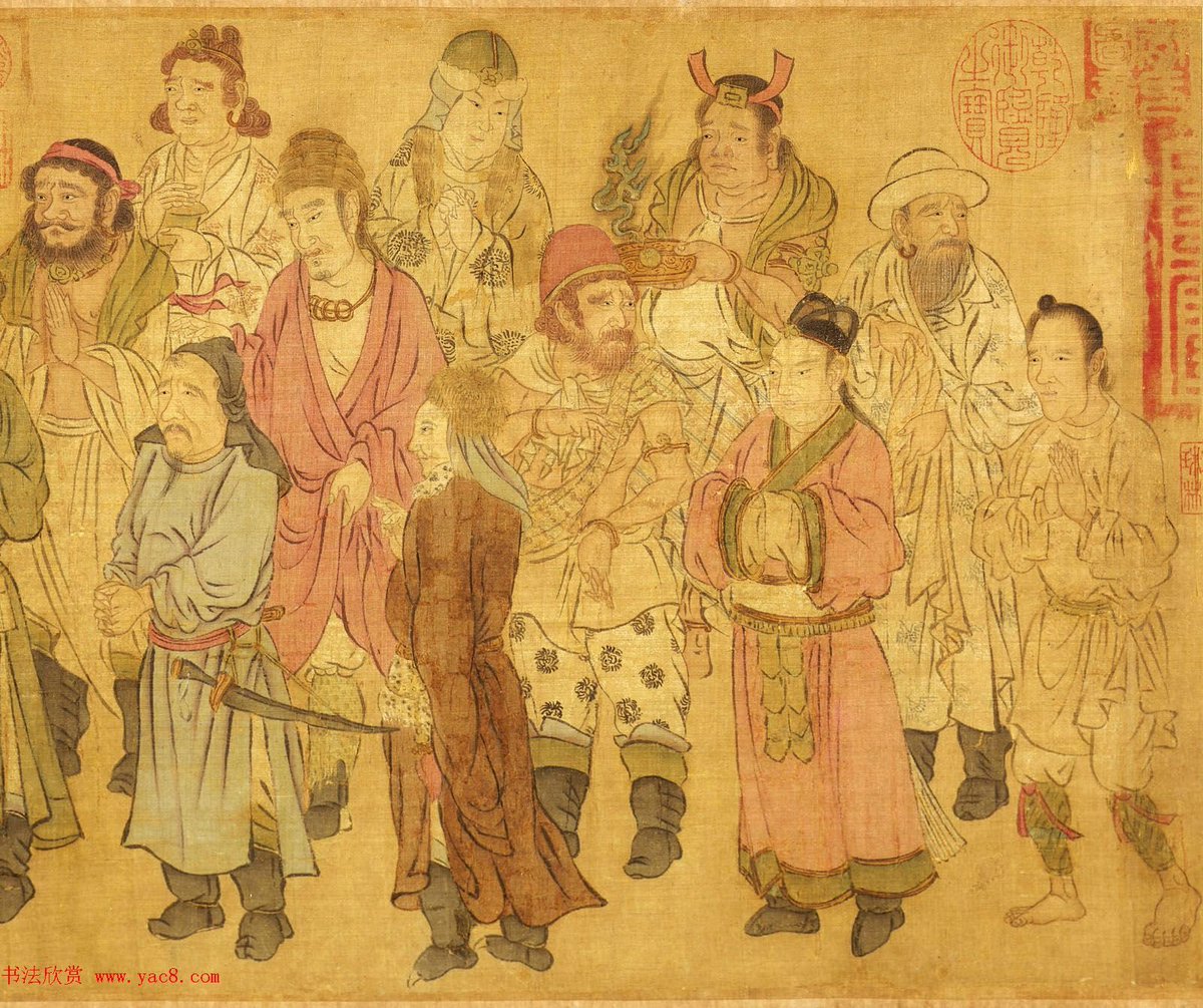 이것 역시 번왕예불도인데 시기상 북송이고 번왕들이 와서 예불하는데 이 그림에는 통일 신라를 거치고 고려가 있을것같습니다만 가장앞에 깃털모자쓴 분은 고구려인이 아니고 다른형태의 모자같아요 이미 고구려 망한지는 오래되었고 이중 누가 고려인일까요?  저는 분홍색 옷에 관에 꽃별표를