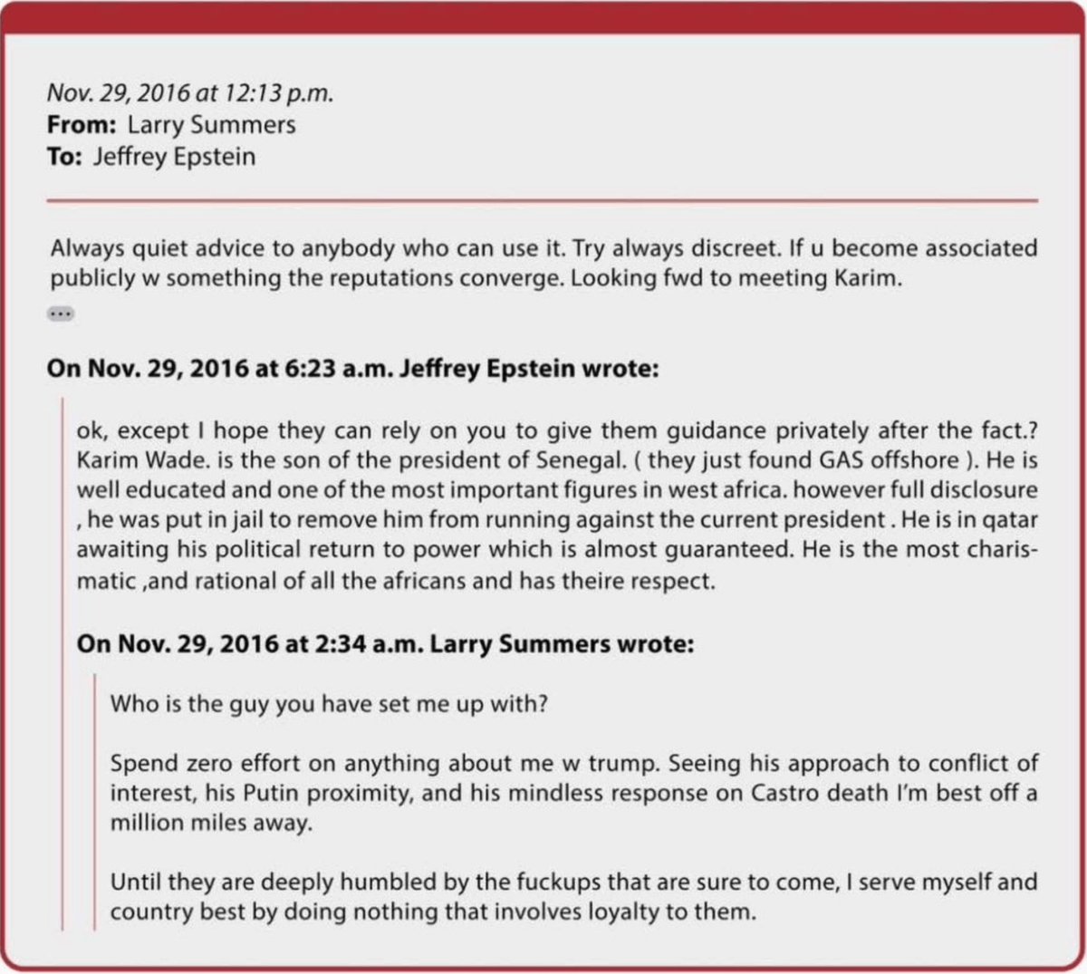 congaanel's tweet photo. Dossier Epstein | Afrique

Les dossiers Epstein révèlent que des ONG et agences de mannequinat en Afrique ont facilité, participé et aidé Epstein dans ce qu’on peut qualifier de trafic d’êtres humains.  
Il servait de personne-ressource auprès de politiciens africains pour négocier des contrats ou établir des mises en relation.

- Voyages en Afrique de l’Est : safaris au Kenya, villages masaï, mentions de la Somalie.  
« Je peux vous ramener un petit bébé… ou deux. »

Il s’agit du langage typique du trafic d’enfants, de l’exploitation d’enfants masaï et somaliens sous couvert d’ONG, de safaris et d’« aide ».

- Plusieurs échanges de mails avec des dignitaires du Cap (la partie blanche de l’Afrique du Sud).

- Des emails de 2016 montrent que Jeffrey Epstein a joué les intermédiaires pour Karim Wade auprès de Larry Summers (ex-secrétaire au Trésor US). Epstein vante le « charisme » de Wade et le potentiel gazier du Sénégal pour organiser une rencontre discrète. Quand Summers demande qui il lui a présenté, Epstein répond : « le plus charismatique et rationnel de tous les Africains », influent en Afrique de l’Ouest et emprisonné pour l’empêcher de se présenter contre Macky Sall. Summers répond qu’il a hâte de le rencontrer.

- Jeffrey Epstein a servi d’intermédiaire avec Ehud Barak (ex-Premier ministre israélien) entre 2012 et 2014. Il a facilité la vente d’un système de surveillance massive (téléphone/internet) à la Côte d’Ivoire post-crise Ouattara, aboutissant à l’accord de sécurité Israël–Côte d’Ivoire en 2014. (Drop Site News, documents US)