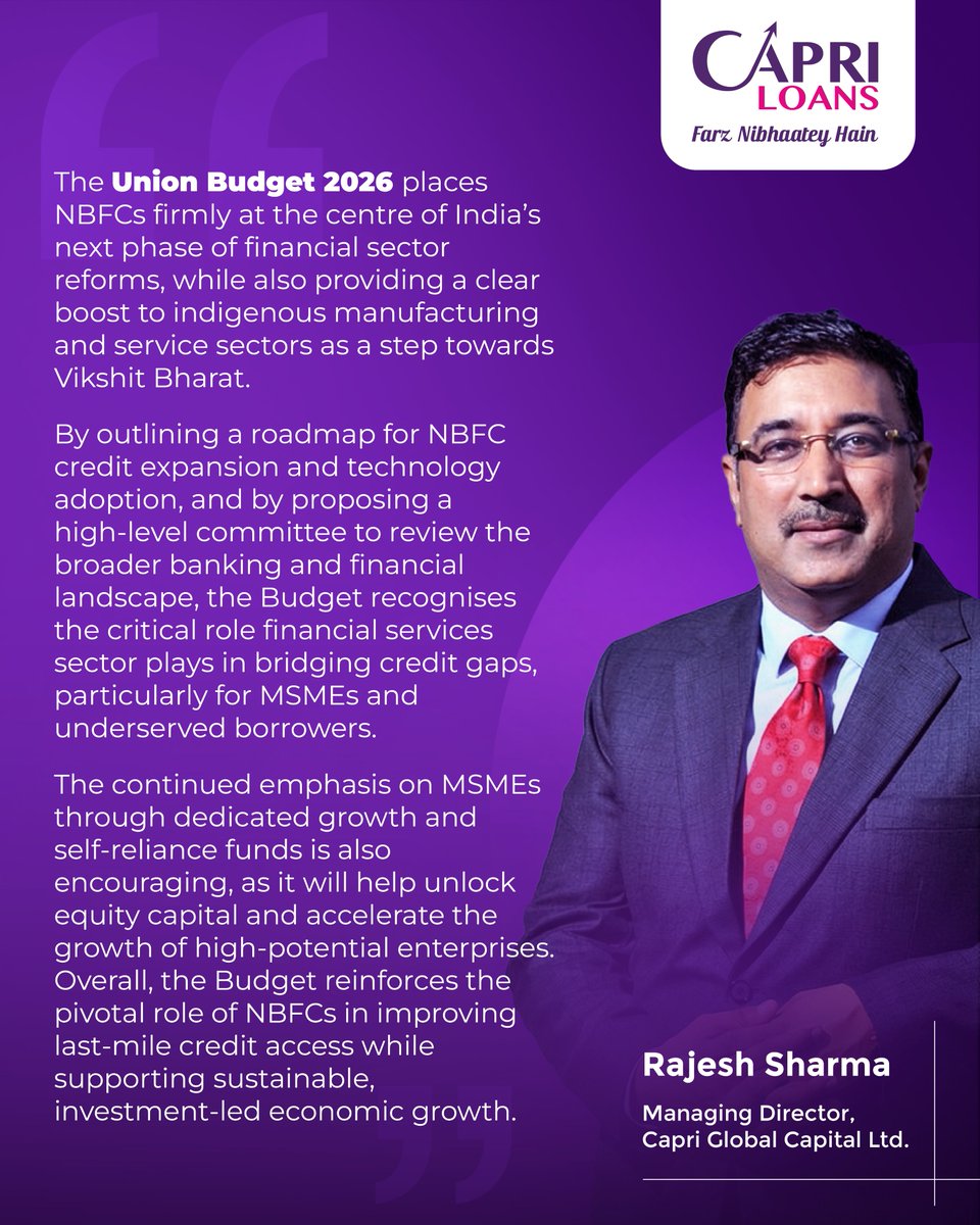 CapriGlobalCap's tweet image. Union Budget 2026 reinforces the pivotal role of NBFCs in expanding last-mile credit and powering MSME-led growth.

#UnionBudget2026 #NBFC #MSME #FinancialInclusion #CreditAccess #ViksitBharat
