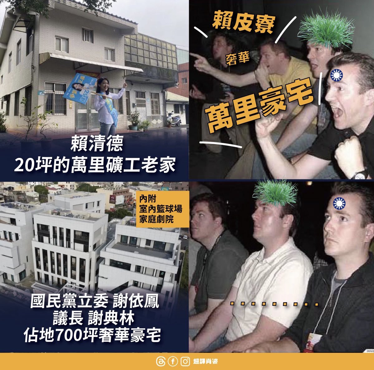 礦區一間平房可以被打一年 
內有室內籃球場的豪宅卻可以拍短影片自豪展示
社會果然對國民黨比較寬容

議長謝典林：只是台北一般人的家庭☺️