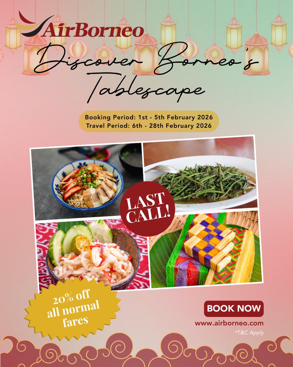 Come for the views, stay for the food. 

Get 20% OFF all normal fares and treat your tastebuds to an authentic Borneo Tablescape. 

LAST CALL! 

Book now: airborneo.com 

#AirBorneo #WingsOfUnity #BorneoForYou #TravelBorneo #PrideofBorneo #GatewayToBorneo