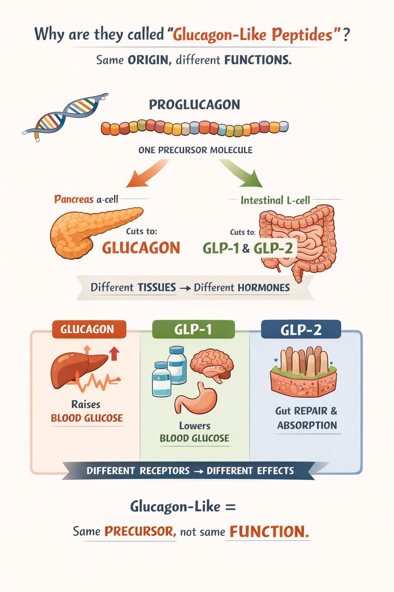 drparamesh2's tweet photo. Why “glucagon-like peptides” if they don’t act like glucagon?

Because GLP-1 & GLP-2 share the same parent molecule (PROGLUCAGON) and partial sequence similarity, but they’re processed in different tissues (gut L-cells vs pancreatic α-cells) and act on different receptors.

Same precursor ≠ same function.
#Diabetes #Endocrinology #GLP1 #GLP2 #Glucagon
Proglucagon is cut in pancreas → glucagon (raises glucose) and in intestine → GLP-1 (lowers glucose) + GLP-2 (gut repair/absorption).