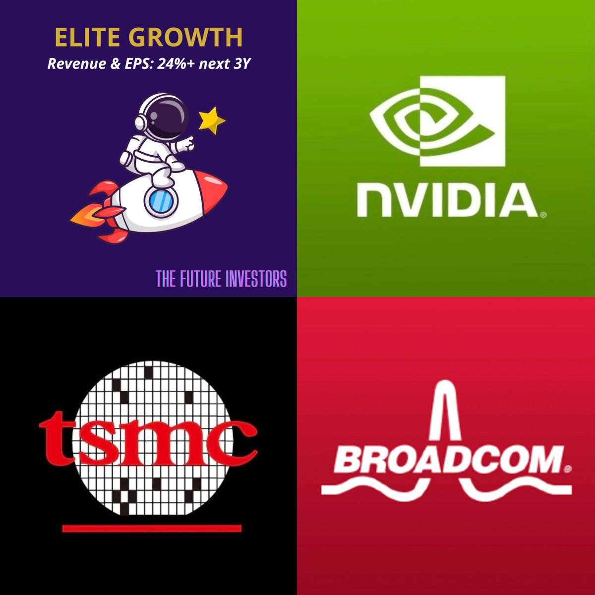 ftr_investors's tweet image. The Future Investors presents the 20 Elite Growth stocks with the strongest revenue &amp;amp; EPS growth estimates (24%+ CAGR) over the next 3Y 🌟🚀

1. $NVDA | Nvidia - $4,644B
2. $TSM | TSMC - $1,714B
3. $AVGO | Broadcom - $1,571B
4. $LLY | Eli Lilly - $928B
5. $MU | Micron - $467B
6.