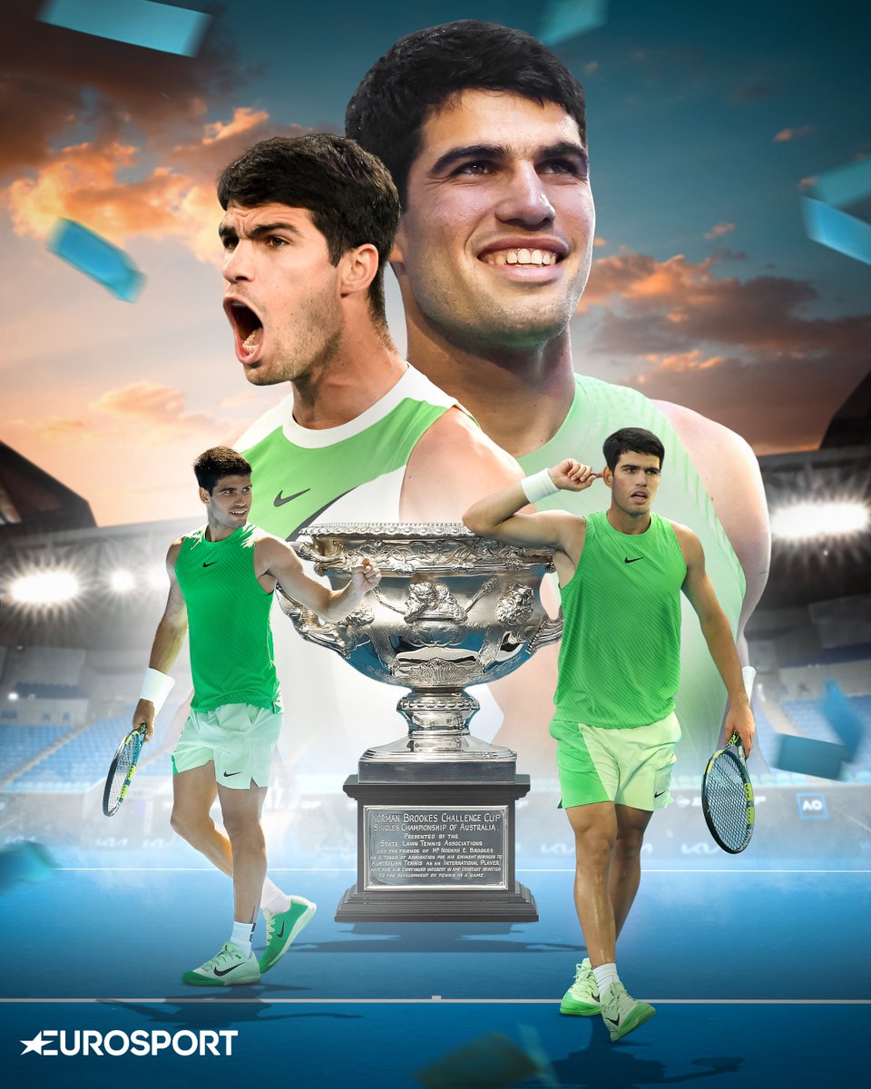 Eurosport_FR's tweet photo. ALCARAZ MARQUE L'HISTOIRE ! Le n°1 mondial remporte l'Open d'Australie face à Djokovic (2-6, 6-2, 6-3, 7-5) et devient, à 22 ans, le plus jeune joueur à gagner tous les titres du Grand Chelem ! https://t.co/z65k5diXN6
