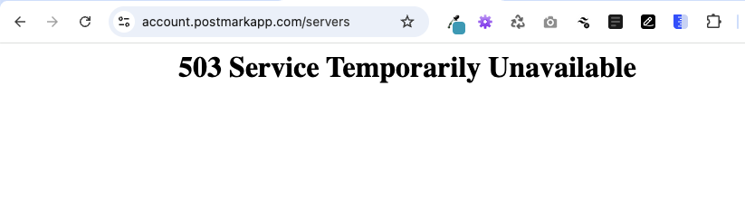 erjankowski's tweet photo. @postmarkapp Hey there! I’ve been trying to use the app for the last hour, and all I get is a “503 Service Temporarily Unavailable” error. There’s also nothing on the status page :/ https://t.co/2vCcl9inEX