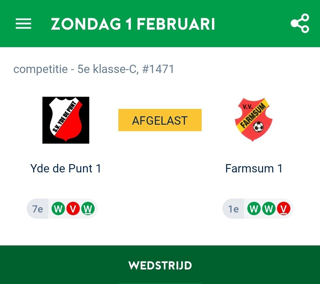 Net als de meeste clubs beschikt <a href="/YdeSv/">SV Yde De Punt</a> niet over een kunstgras veld dat even word schoongeveegd voor een wedstrijd in de winter. 
De wedstrijd is dus Afgelast.