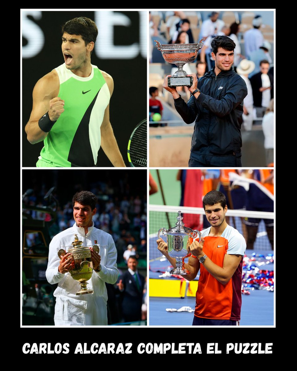 ¡HISTÓRICO CARLOS ALCARAZ! 👑🌟

El jugador más joven de la historia en completar el Grand Slam 🔥

Open de Australia 🏆
Roland Garros 🏆🏆
Wimbledon 🏆🏆
US Open 🏆🏆