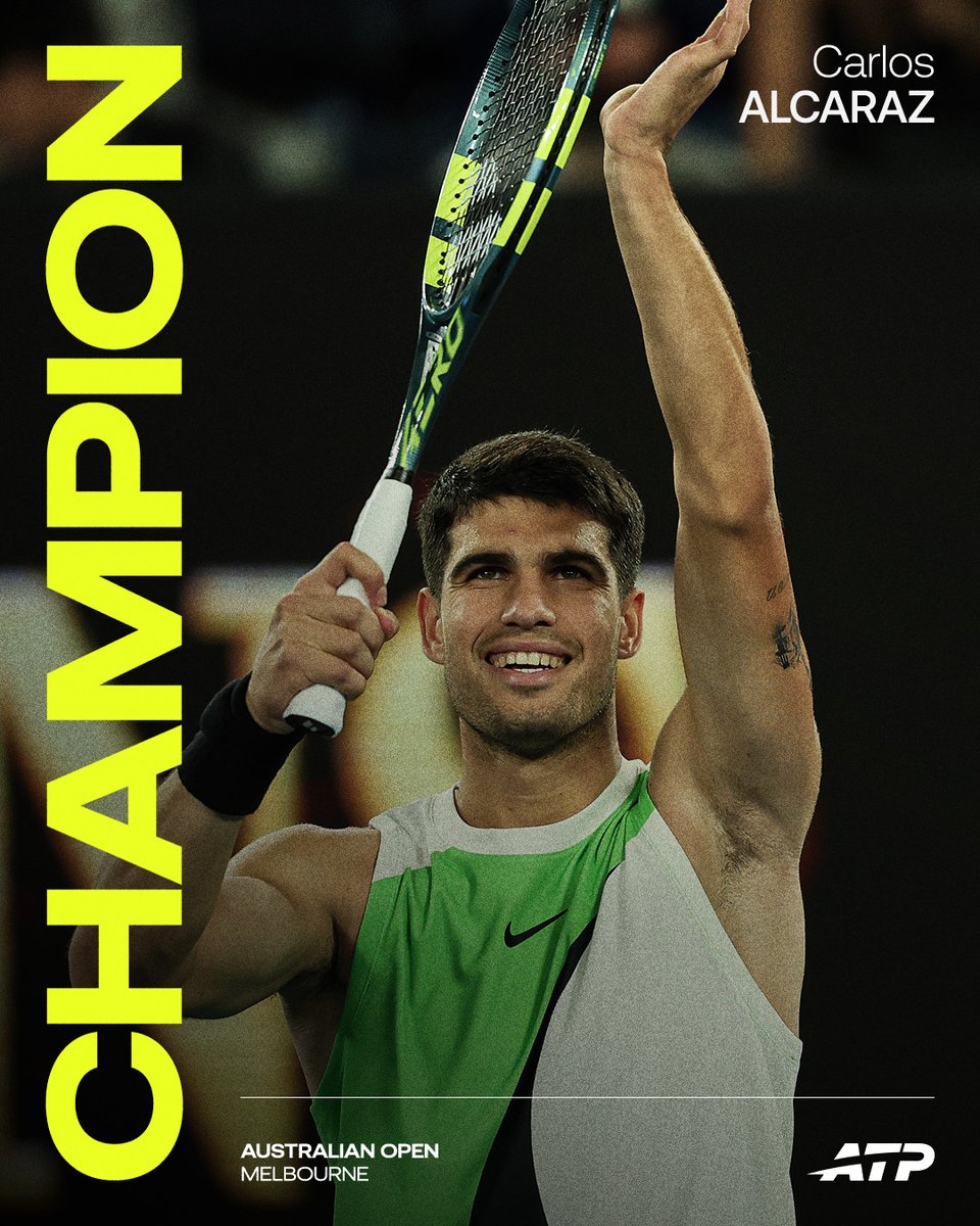 tenisdunyasi's tweet photo. Alcaraz, finalde Novak Djokovic’i 2-6, 6-2, 6-3, 7-5’lik setlerle yenerek kariyerinin ilk Avustralya Açık şampiyonluğuna ulaştı. 

22 yıl 272 gün ile tarihin en genç Kariyer Grand Slam’ine ulaşan oyuncu. ✨

#ausopen finalinde Djokovic'i mağlup etmeyi başaran ilk ve tek isim. https://t.co/W7yhbRbM72