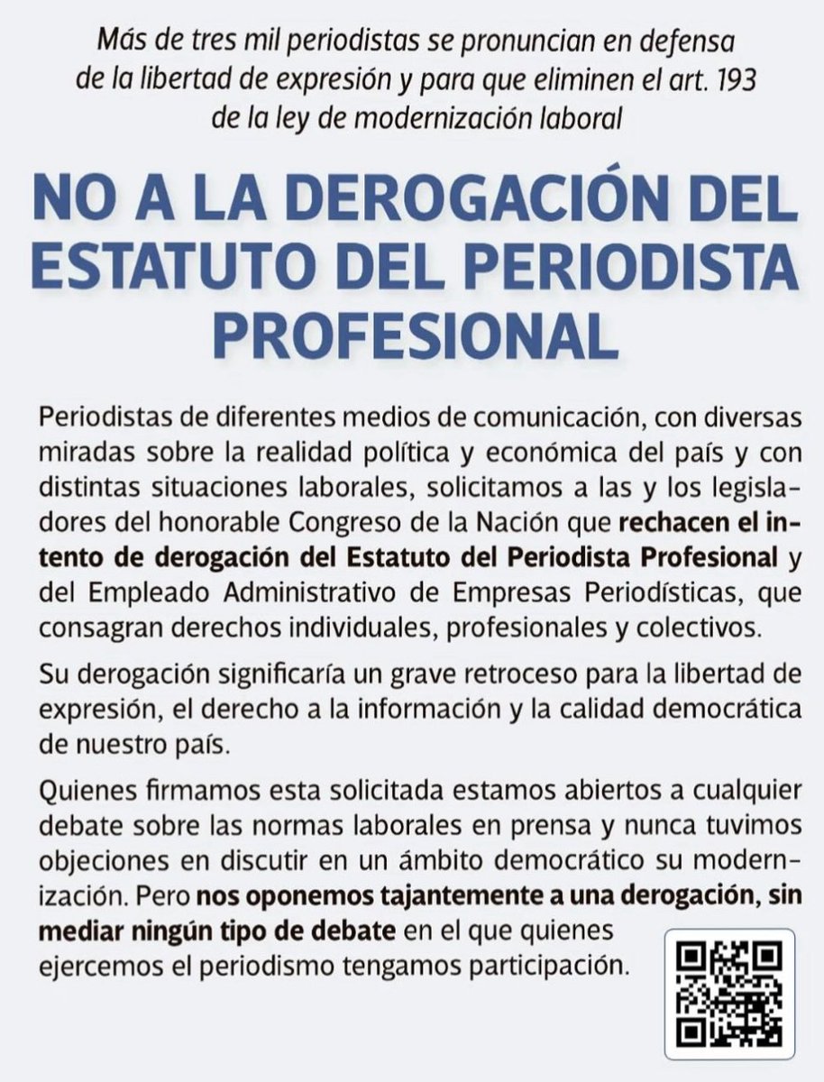 ✍️ NO A LA DEROGACIÓN DEL ESTATUTO DEL PERIODISTA PROFESIONAL 

Más de 3000 periodistas nos pronunciamos en defensa de la libertad de expresión y para que eliminen el art. 193 de la ley de modernización laboral que vulnera la libertad de expresión y el  derecho a la información