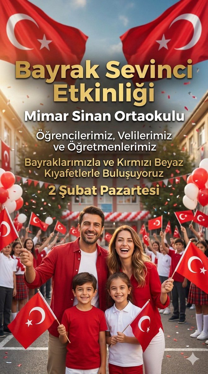 mimarsinan55's tweet photo. 2025-2026 Eğitim Öğretim yılı 2. Dönemini “Bayrak Sevinci” Etkinliğimizle açıyoruz. Hafta boyu sürecek etkinliklerimizin ilk gününde, İstiklal Marşımızı coşku içinde ve bayraklarımızla söylemek üzere; tüm öğrencilerimizi, velilerimizi ve öğretmenlerimizi evde bulunan+ https://t.co/g0Pzfe1mam